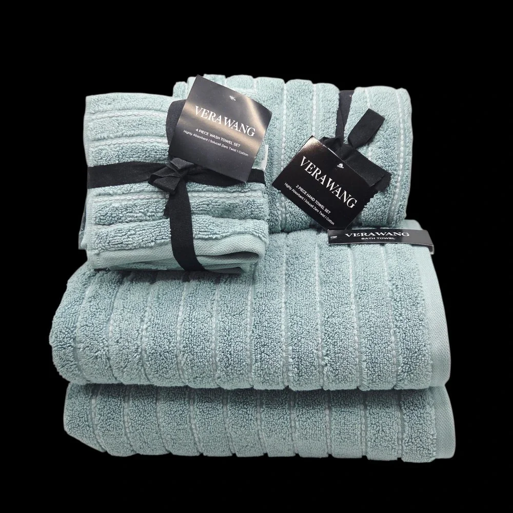 Vera Wang 8pc Zero Twist Cotton Bath‎ Towel Set Geo Stitch Aqua Blue B Twlos